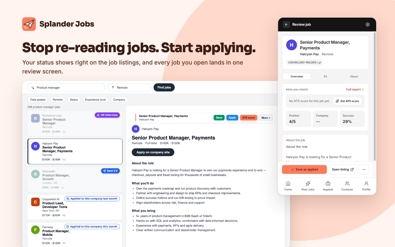 Job cards on a job board, each with a status pill, next to the Splander Jobs side panel reviewing the open job.