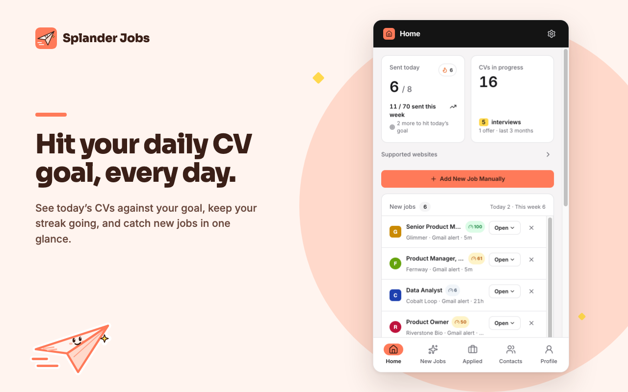The Splander Jobs home screen: CVs sent today against the daily goal, the streak, and the pipeline.