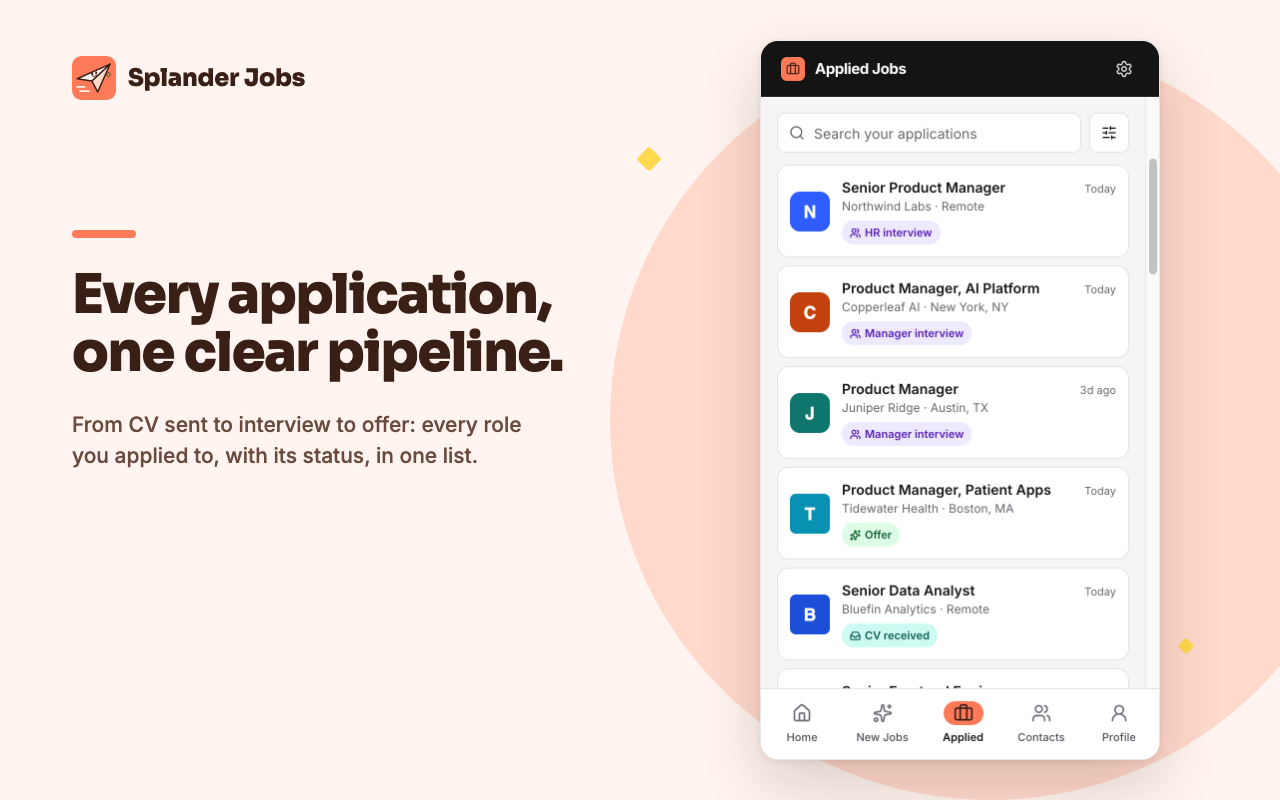 The Applied Jobs list in the side panel, with a status pill on every application.