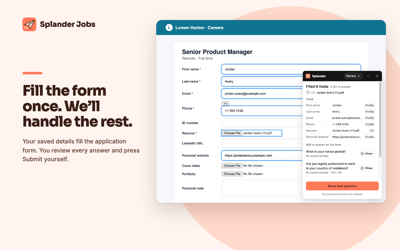 An application form filled in by Splander Jobs from the saved profile and CV, waiting for review.